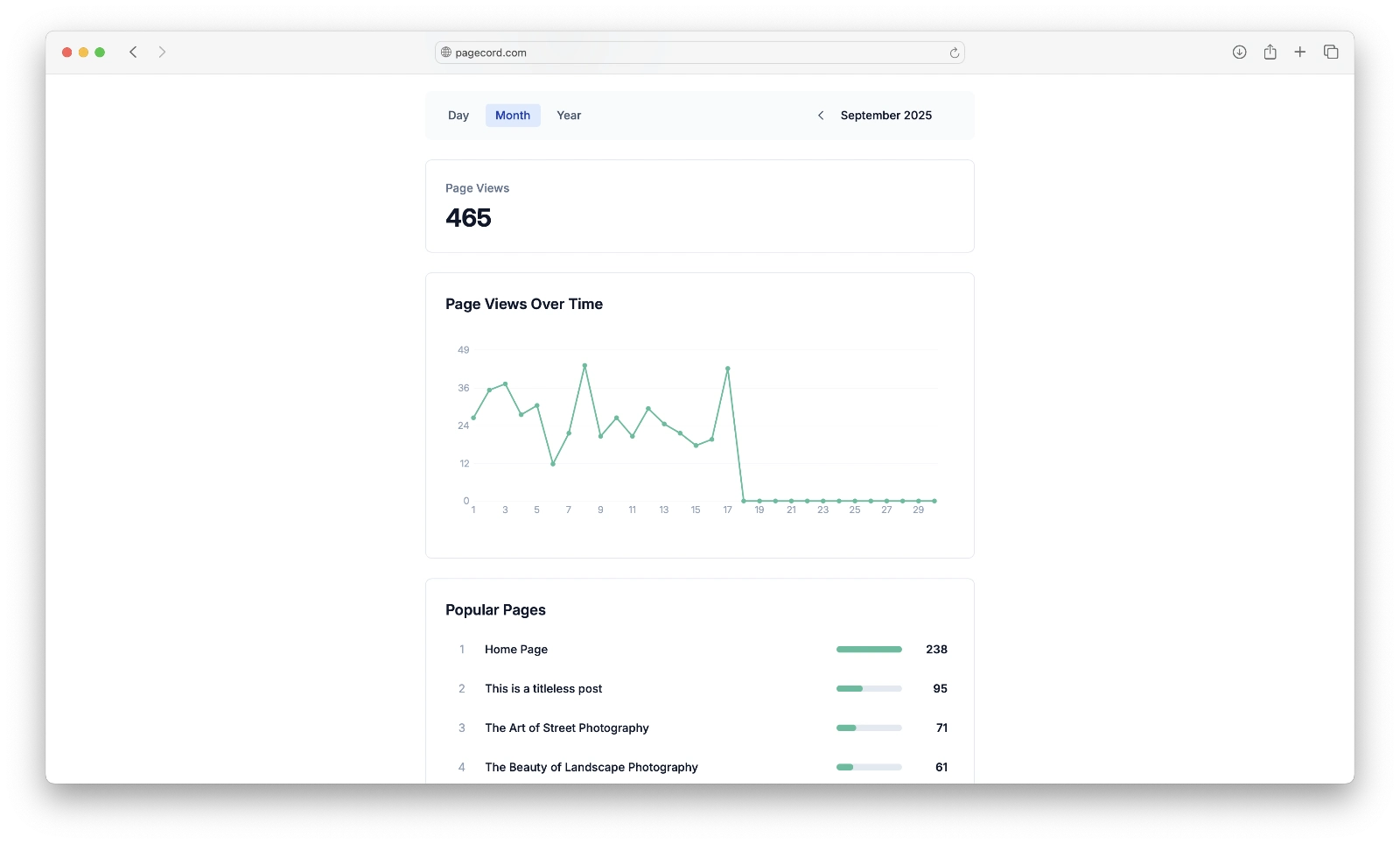 A screenshot of Pagecord's page view analytics page
