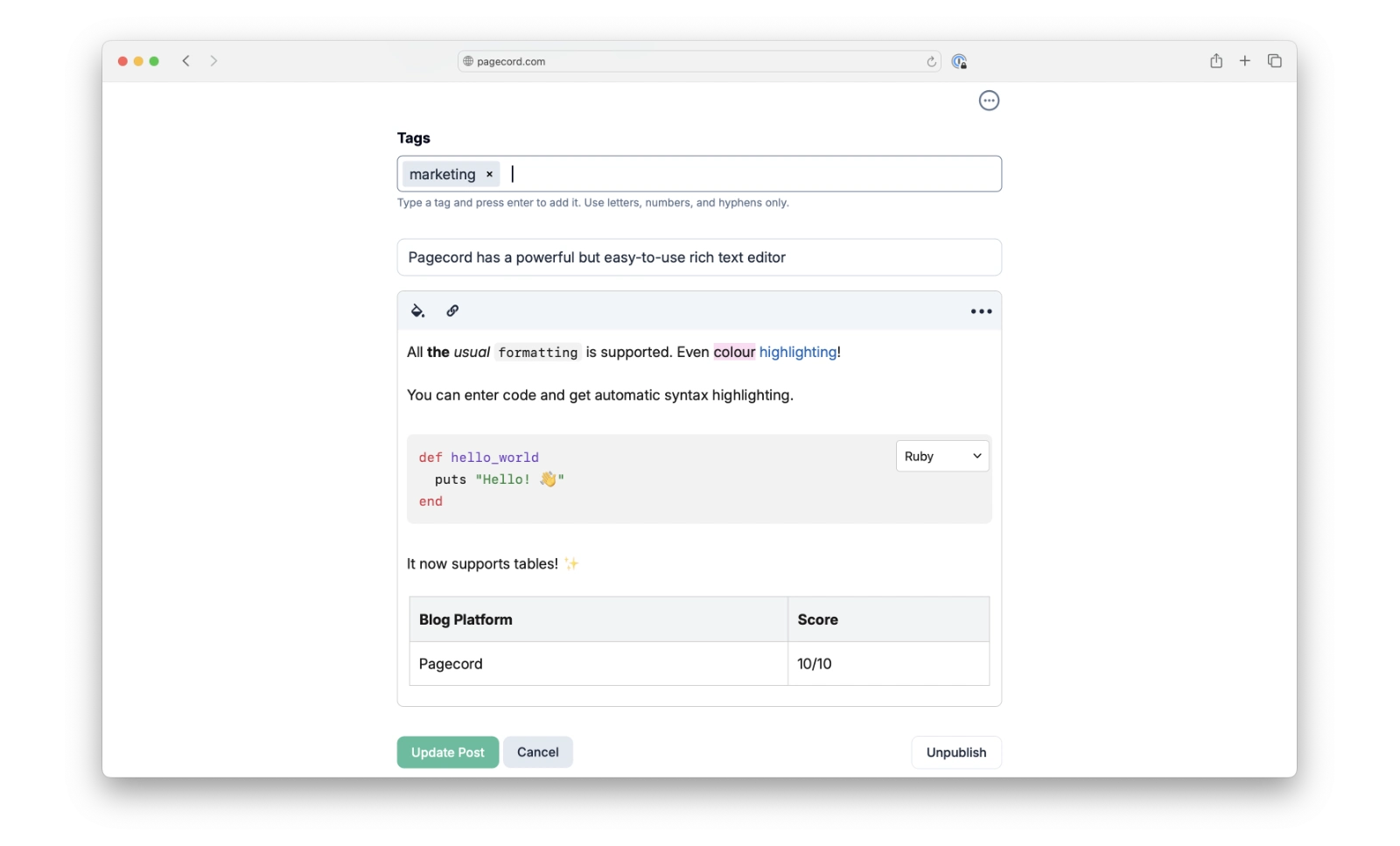 A screenshot of Pagecord's rich text editor