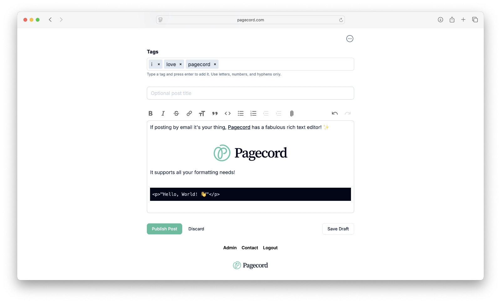 A screenshot of Pagecord's rich text editor
