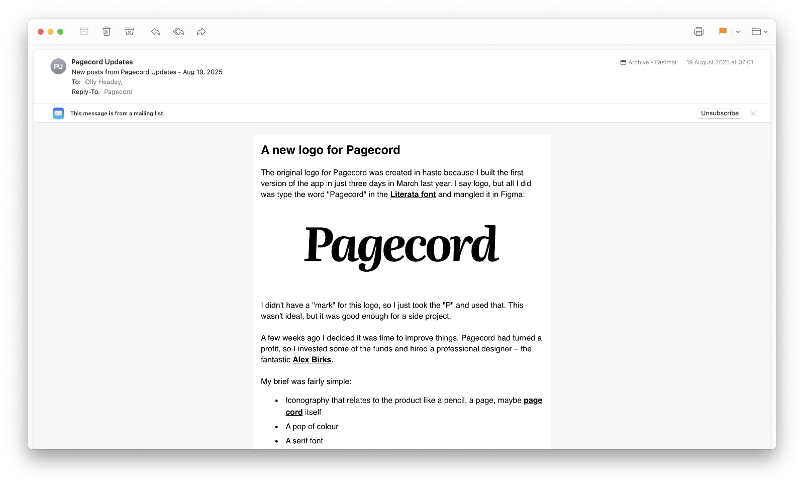 A screenshot of Apple Mail with a weekly digest email